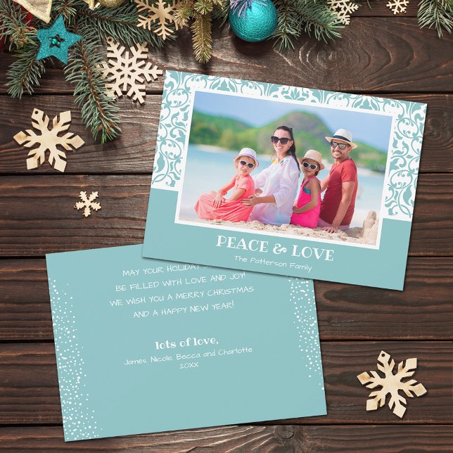 Tarjeta Festiva Foto de Navidades turquesas y damasquinados blanco (Turquoise and white damask design Christmas photo holiday cards, PRINTED and/or INSTANT DOWNLOAD)