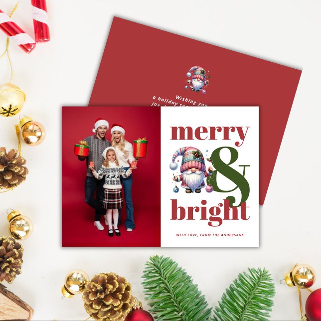 Tarjeta Festiva Foto de Navidades Verde Rojo Brillante (Merry & Bright Red Green Christmas Photo Holiday Card)