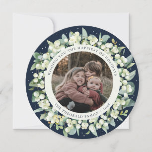 Tarjeta Festiva Foto de Navy Round/Square Snowberry+Eucalipto