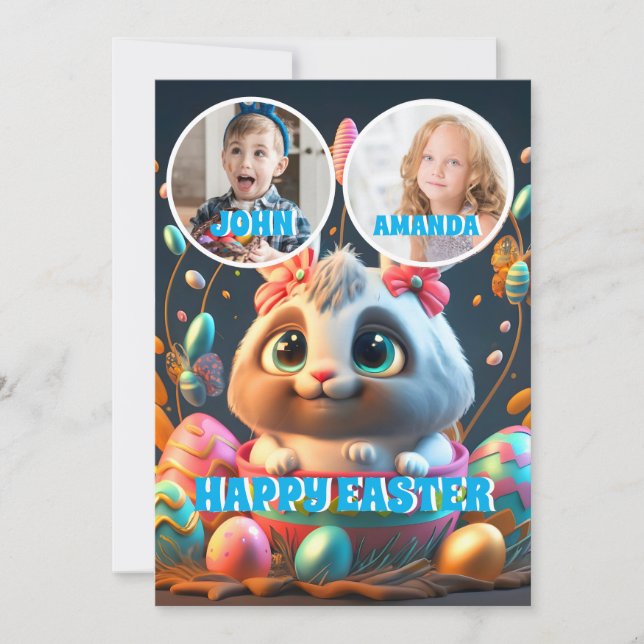 Tarjeta Festiva Foto de niños personalizados de Conejo Conejo Cone (Anverso)
