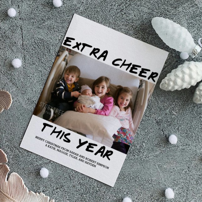 Tarjeta Festiva Foto de "Noche extra de moda de este año" | Negro (Black Trendy Extra Cheer This Year Holiday Photo Card)