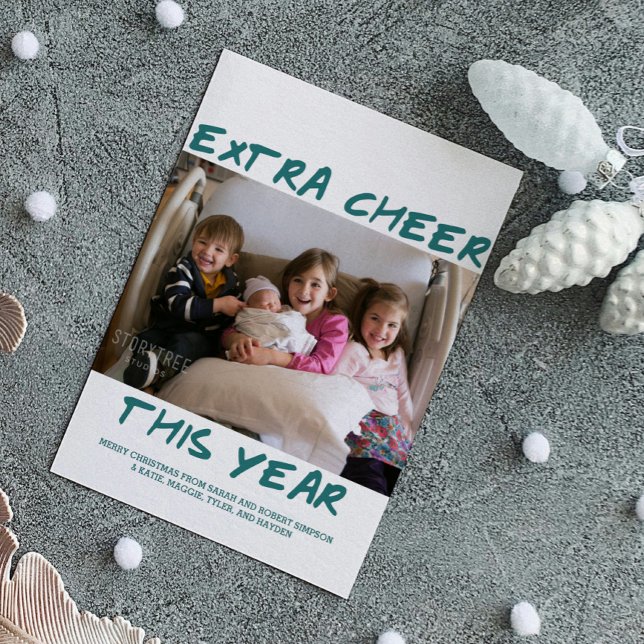 Tarjeta Festiva Foto de "Noche extra de moda de este año" | VERDE  (Teal Trendy Extra Cheer This Year Holiday Photo Card)