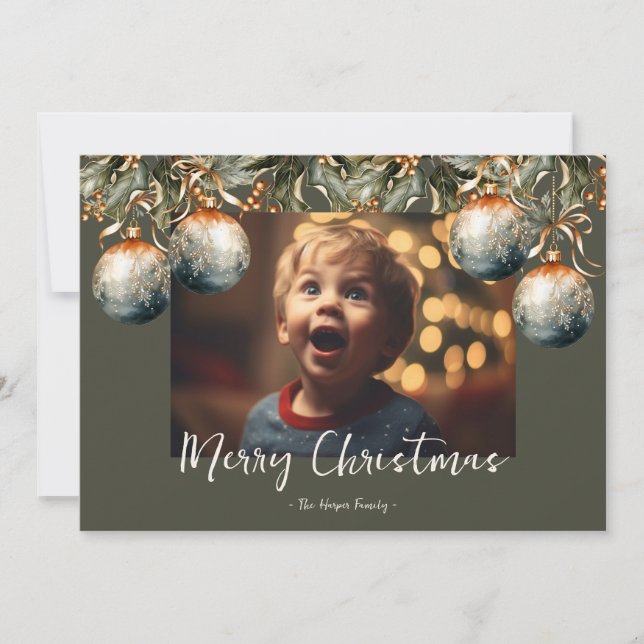 Tarjeta Festiva Foto de ornamento de Watercolor Holly (Anverso)