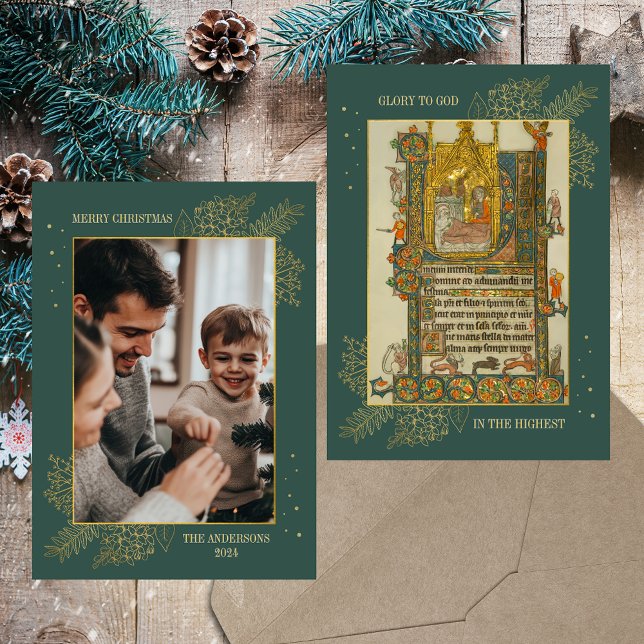 Tarjeta Festiva Foto de oro de cristianos medievales cristianos (Christmas Medieval Manuscript Christian Catholic Nativity Scene Gold Family Photo Holiday Card)