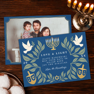 Tarjeta Festiva Foto de Paloma Judía de Hanukkah Azul