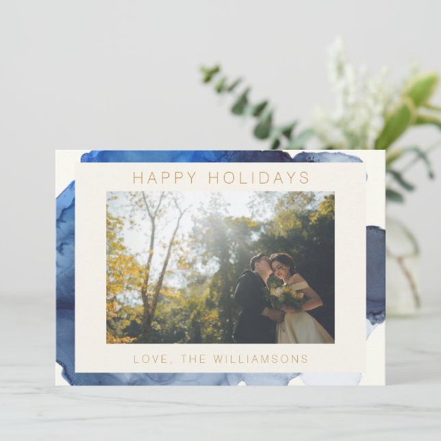 Tarjeta Festiva Foto de pareja abstracta en índigo elegante de acu (Anverso de pie)