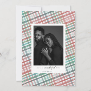Tarjeta Festiva Foto de pareja en estampado de cuadros pastel
