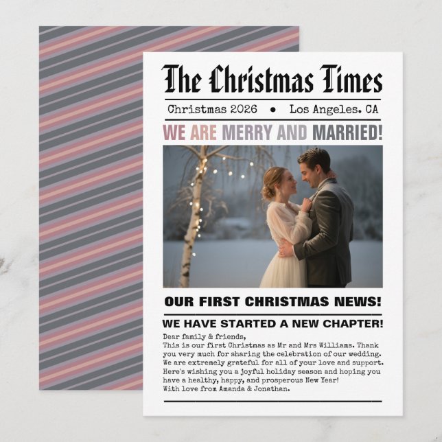 Tarjeta Festiva Foto de periódico de estilo navideño para recién c (Anverso / Reverso)