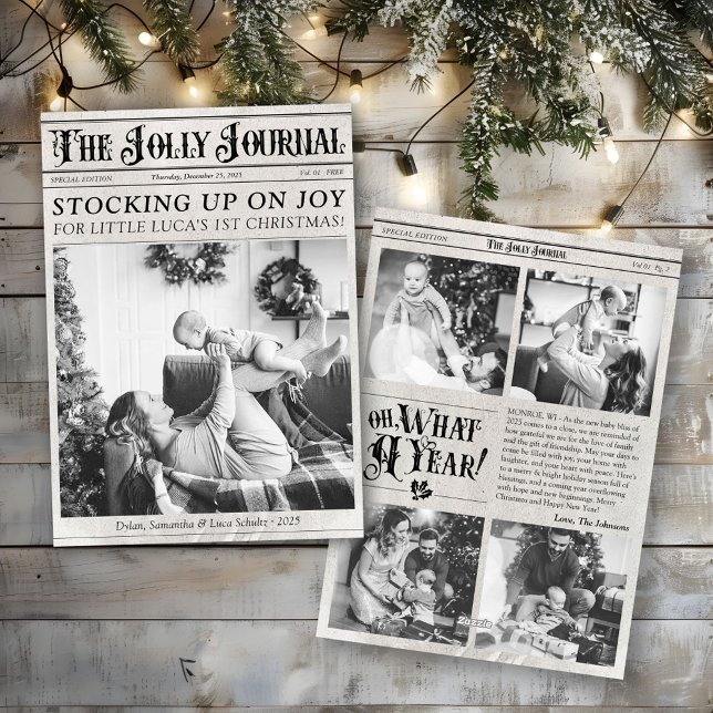 Tarjeta Festiva Foto de periódico único Babys primera cosecha de N (Vintage newspaper 5 photo cute Baby's first Merry Christmas What A Year Review unusual Holiday card)