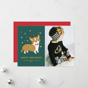Tarjeta Festiva Foto de perro Corgi con cuernos de reno pintados a