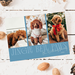 Tarjeta Festiva Foto de perro Jingle Bell Paws Christmas Denim Blu