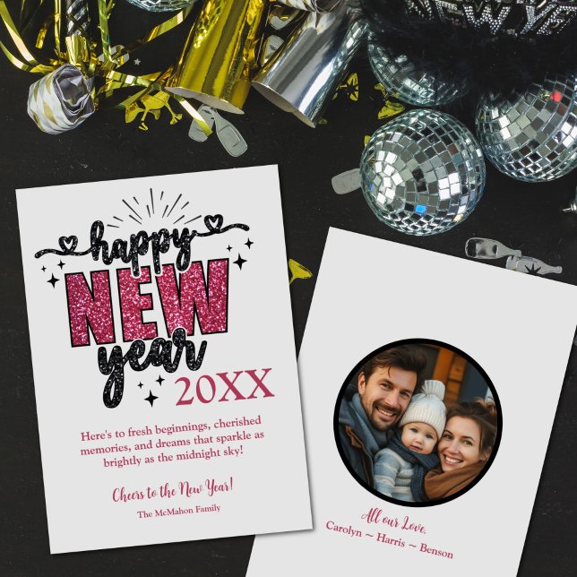 Tarjeta Festiva Foto de Personalizable de Año Nuevo Purpurinoso (Glittery New Year's Customizable Photo Greeting Card)