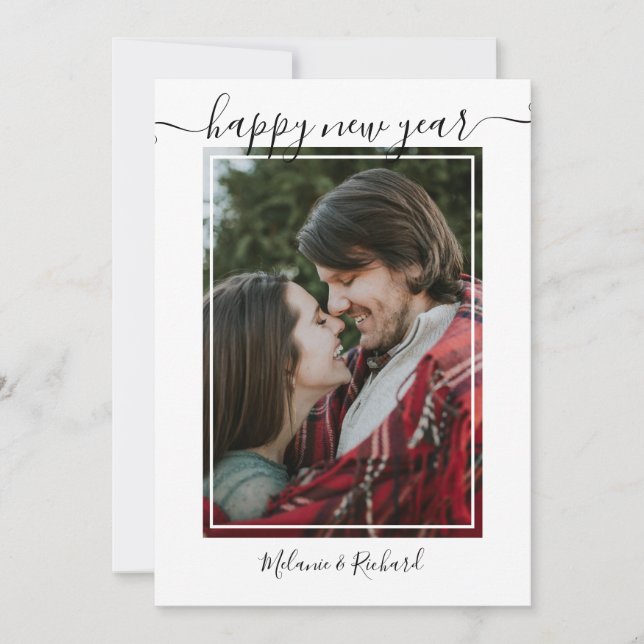Tarjeta Festiva Foto de Personalizado de Año Nuevo Feliz de Blanco (Anverso)