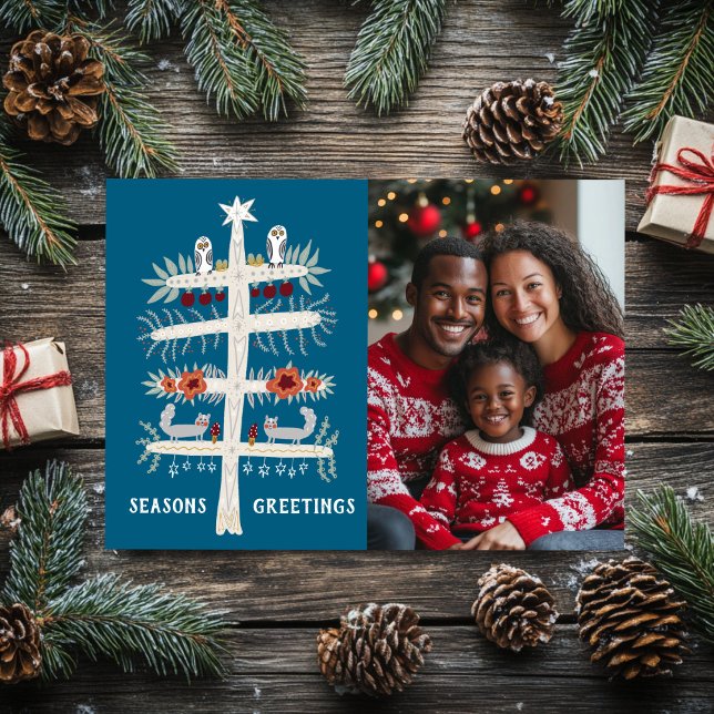 Tarjeta Festiva FOTO DE PERSONALIZADO DE árbol dibujado a mano (SEASONS GREETINGS Hand Drawn Tree CUSTOM PHOTO Holiday Card
)