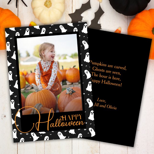 Tarjeta Festiva Foto De Personalizado De Halloween Negro Y Naranja (Black And Orange Ghostly Halloween Custom Photo Holiday Card)