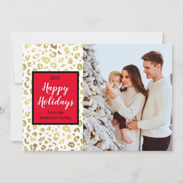 Tarjeta Festiva Foto de Personalizado de Leopardo de oro de Navida (Anverso)