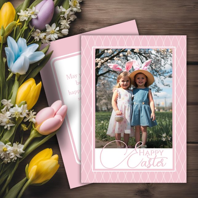Tarjeta Festiva Foto De Personalizado De Pascua Cálido, Rosa Y Bla (Cute Pink And White Happy Easter Custom Photo Holiday Card)