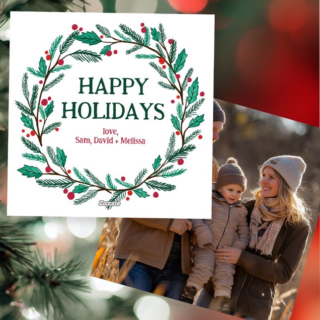 Tarjeta Festiva FOTO de PERSONALIZADO dibujada a mano por navidade (Christmas Wreath Hand-Drawn CUSTOM PHOTO Holiday Card
)