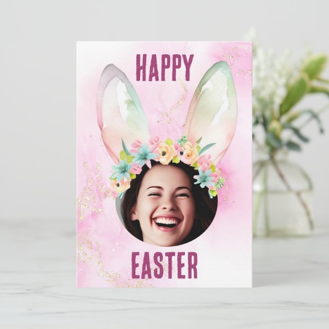 Tarjeta Festiva Foto de personalizado Happy Easter conejito con ta (Anverso de pie)