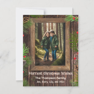Tarjeta Festiva Foto de Personalizado Pine Tree Rustic Wood
