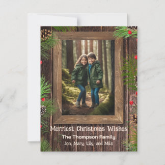 Tarjeta Festiva Foto de Personalizado Pine Tree Rustic Wood