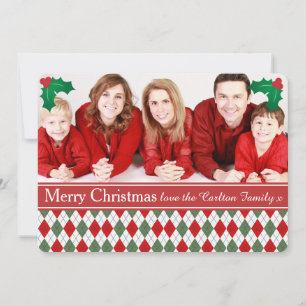 Tarjeta Festiva Foto de Personalizado Verde y Rojo Argyle