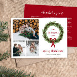 Tarjeta Festiva Foto de Pine Wreath 3 | Carta de Navidades<br><div class="desc">Un personalizado asequible imprimió tarjetas fotográficas de vacaciones con una plantilla sencilla para la personalización. Este moderno diseño minimalista presenta una corona de ramas de pino y conos de pino con un arco rojo sobre un fondo blanco. Añade una carta o un año de revisión a tus Navidades personales en...</div>