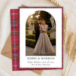Tarjeta Festiva Foto de Plaid Arch Navidades recién casados Merry