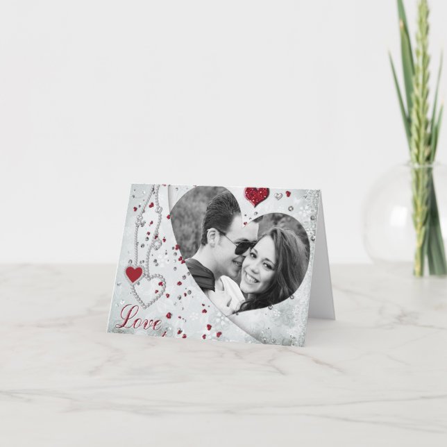 Tarjeta Festiva Foto de plata Damask Heart Notecard (Anverso)