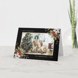 Tarjeta Festiva Foto de Poinsettia Acebo Bayas Black Gold