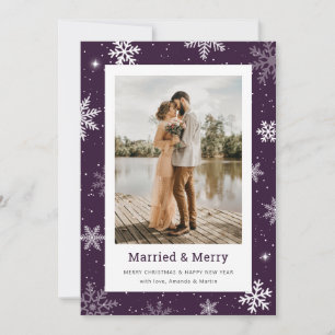 Tarjeta Festiva Foto de recién casados casados y alegres copo de n
