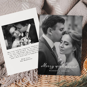 Tarjeta Festiva Foto de recién casados con lazo elegante de Navida