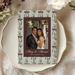 Tarjeta Festiva Foto de recién casados con patrón de lazo de ramit
