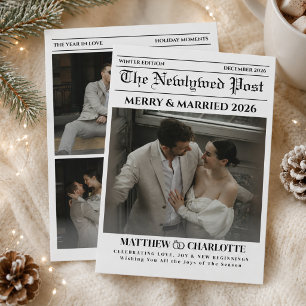 Tarjeta Festiva Foto de recién casados en periódico Merry and Marr