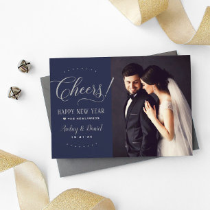 Tarjeta Festiva Foto de recién casados Navy Plata Año Nuevo Cheers
