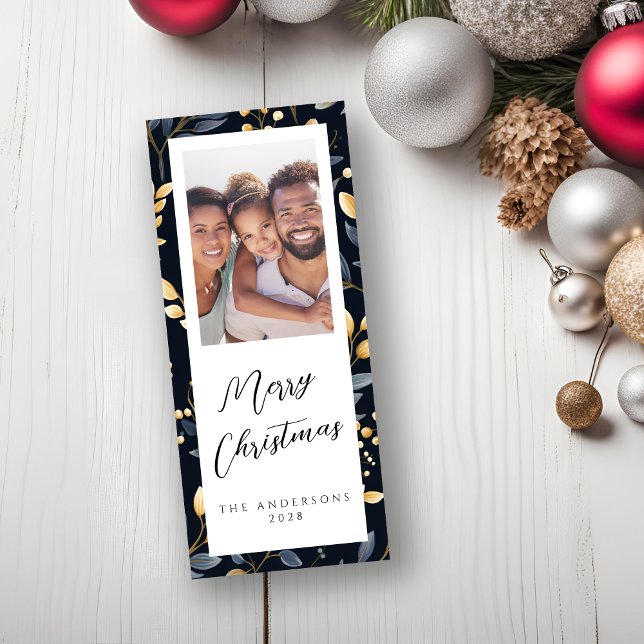 Tarjeta Festiva Foto De Rectángulo De Hojas De Navidades Azules Y  (Blue and Gold Elegant Rectangle Greeting Card)