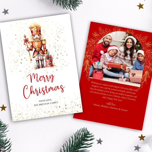 Tarjeta Festiva Foto de Red Gold Nutcracker Ferry Christmas (Red Gold Nutcracker Photo Merry Christmas Holiday Card)