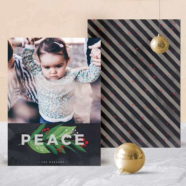 Tarjeta Festiva Foto de Red, Green y Black Peace One (Modern and Sleek Peace and Holly Christmas Card)