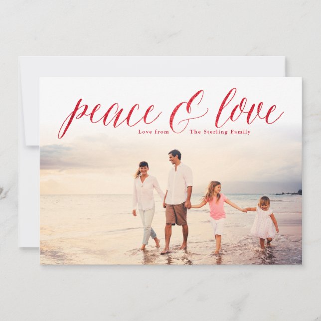 Tarjeta Festiva Foto de Red Peace & Love Purpurina Look (Anverso)