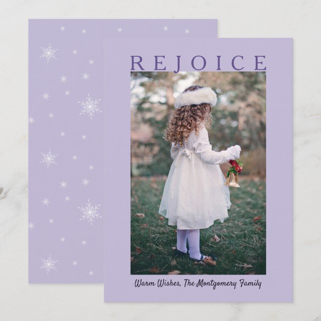 Tarjeta Festiva Foto de Rejoice Lavender Purple Navidades (Anverso / Reverso)
