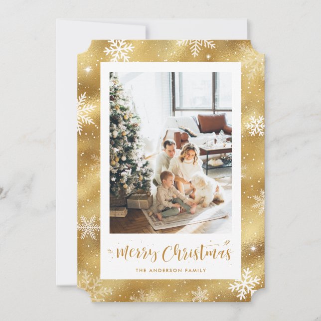 Tarjeta Festiva Foto de Relieve metalizado dorado Snowy Feliz Navi (Anverso)