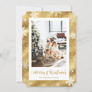 Tarjeta Festiva Foto de Relieve metalizado dorado Snowy Feliz Navi