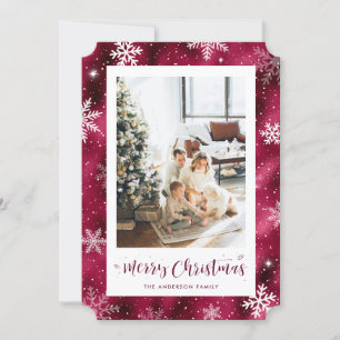 Tarjeta Festiva Foto de Relieve metalizado Rojo Snowy Feliz Navida