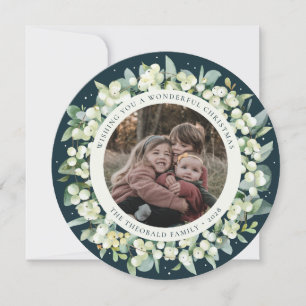 Tarjeta Festiva Foto de Round Verde/Cuadrado Snowberry+Eucalipto