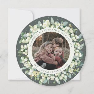 Tarjeta Festiva Foto de Round Verde/Cuadrado Snowberry+Eucalipto