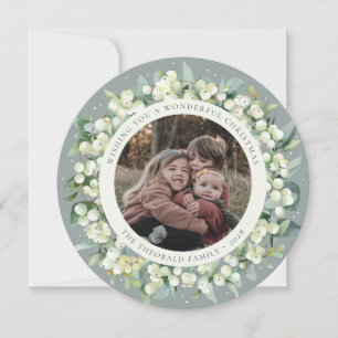 Tarjeta Festiva Foto de Round Verde/Cuadrado Snowberry+Eucalipto
