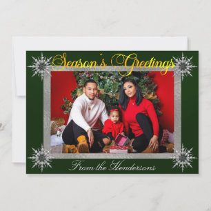 Tarjeta Festiva Foto de Silver Border y Snowflakes en Esmeralda