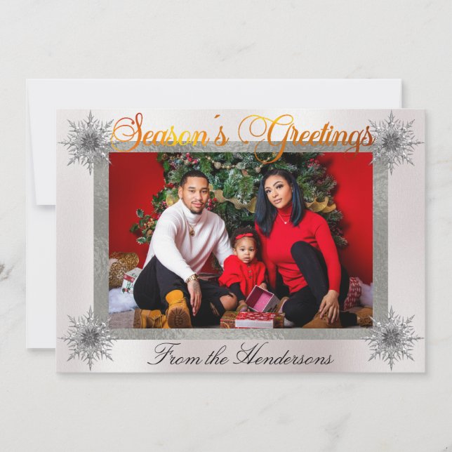 Tarjeta Festiva Foto de Silver Border y Snowflakes en Pearl (Anverso)