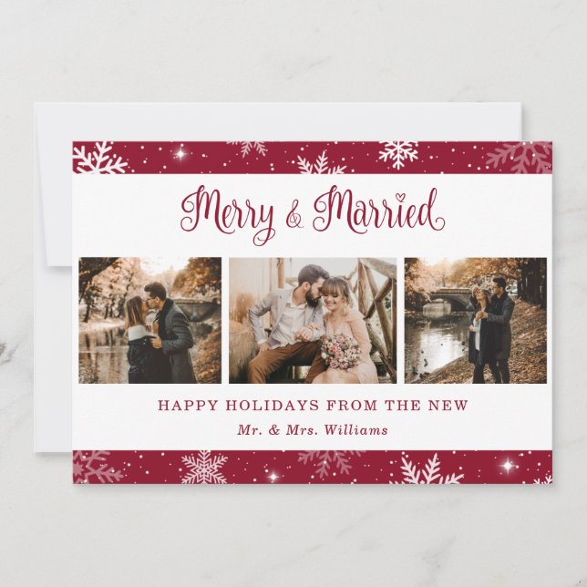Tarjeta Festiva Foto de Snowflake casada con rojo (Anverso)