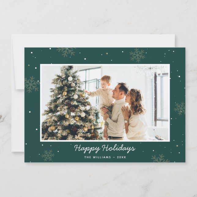 Tarjeta Festiva Foto de Snowflake de la familia Green Happy Holida (Anverso)